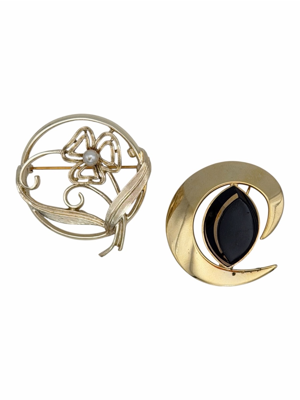 Vintage Sarah Coventry Brooch Lot Gold Tone Black Cabochon Faux Pearl Floral Pin